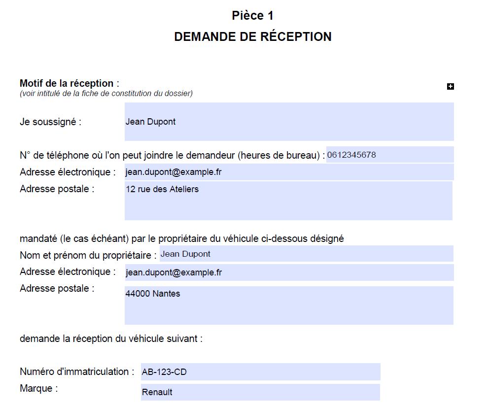Formulaire officiel « Demande de réception » pré-rempli avec les coordonnées du demandeur et du véhicule